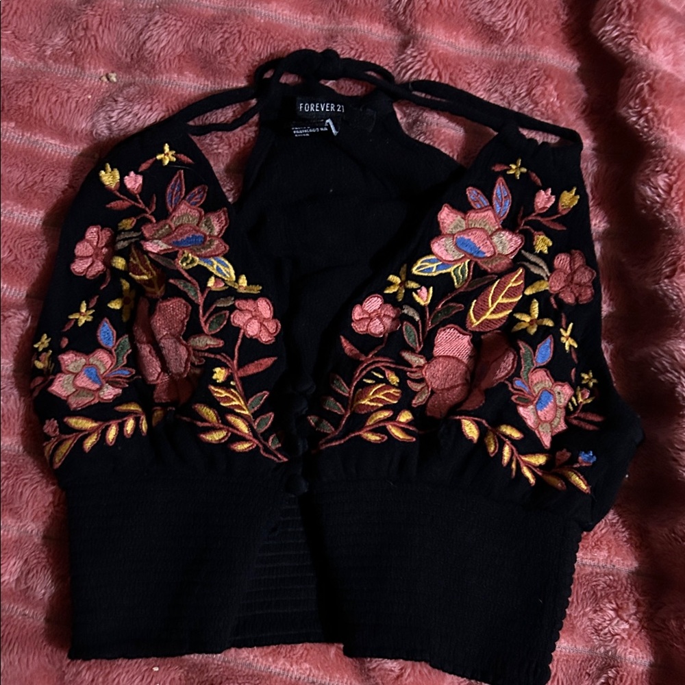 Forever 21 Black Crop Top with Colorful Floral Embroidery